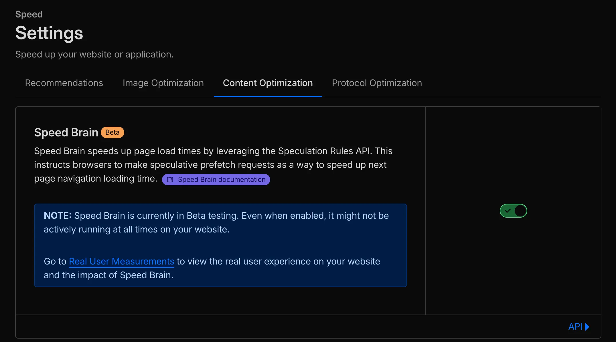Cloudflareの管理画面で、Speed Brainの設定を開いている画像